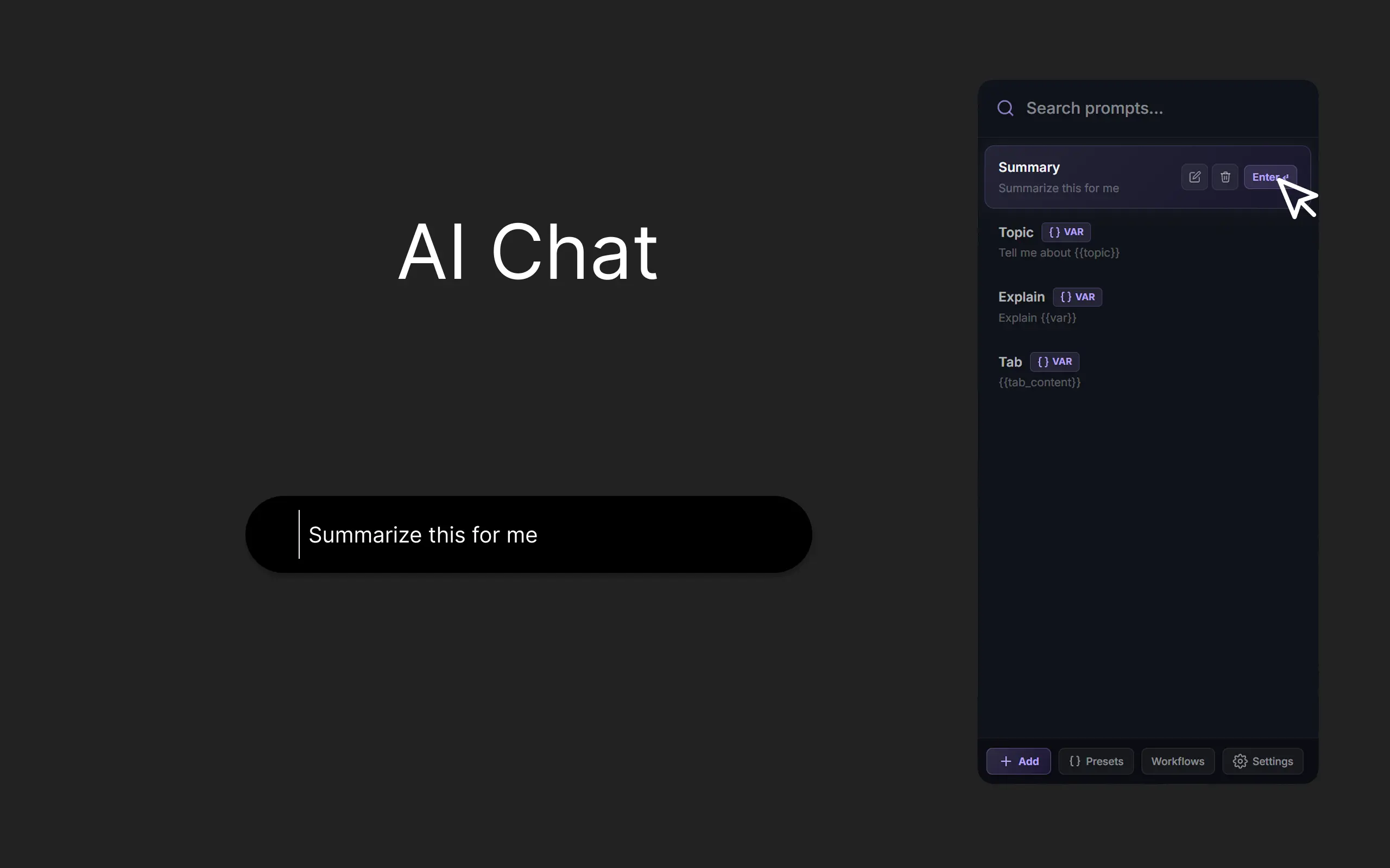 A sidebar interface displaying a list of saved AI prompt templates for quick access