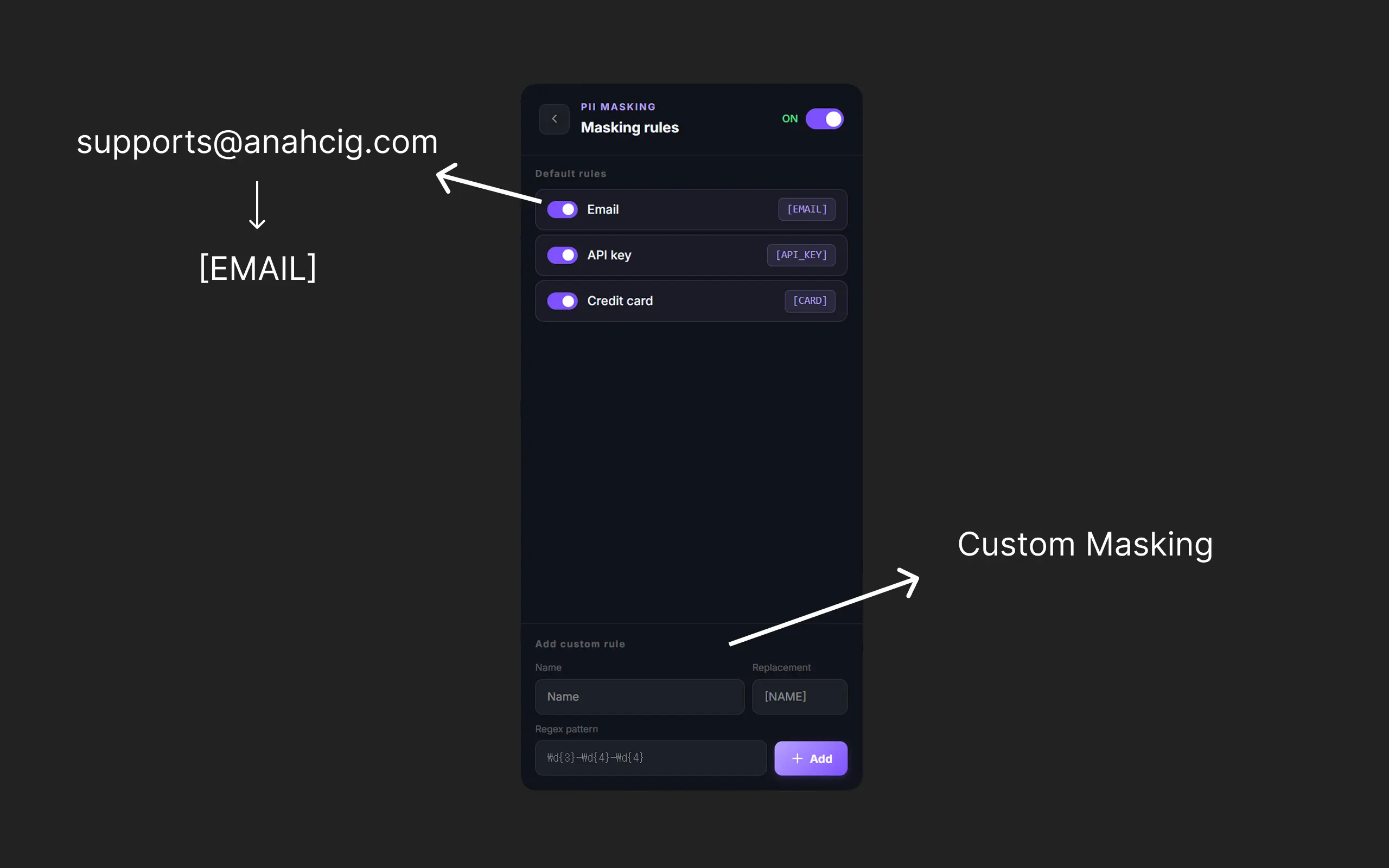 Privacy settings panel showing automatic detection and masking of sensitive personal information