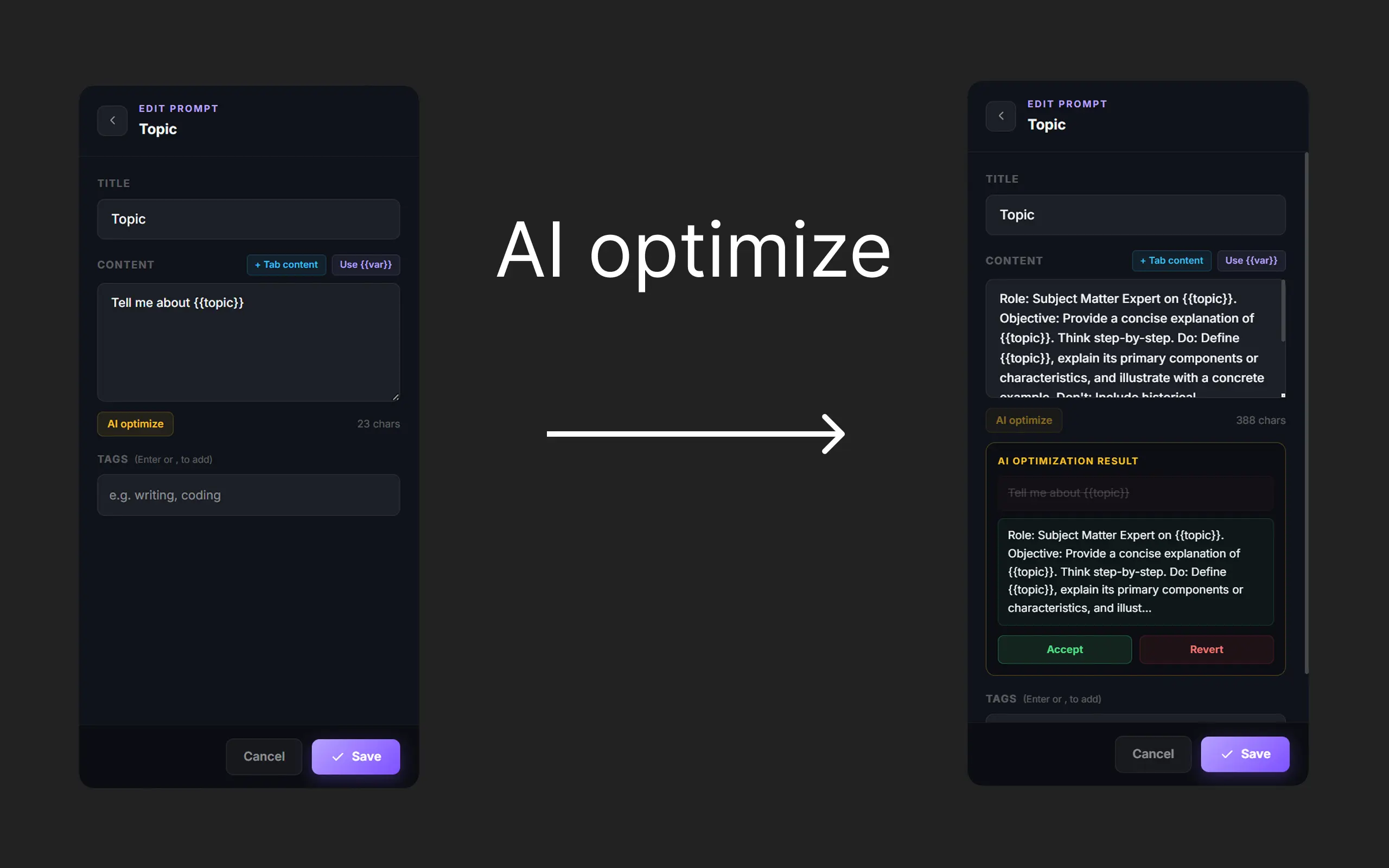 AI optimization interface showing before and after comparisons of a refined prompt